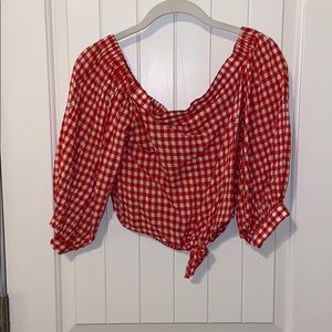 Checked, off the shoulder, crop top